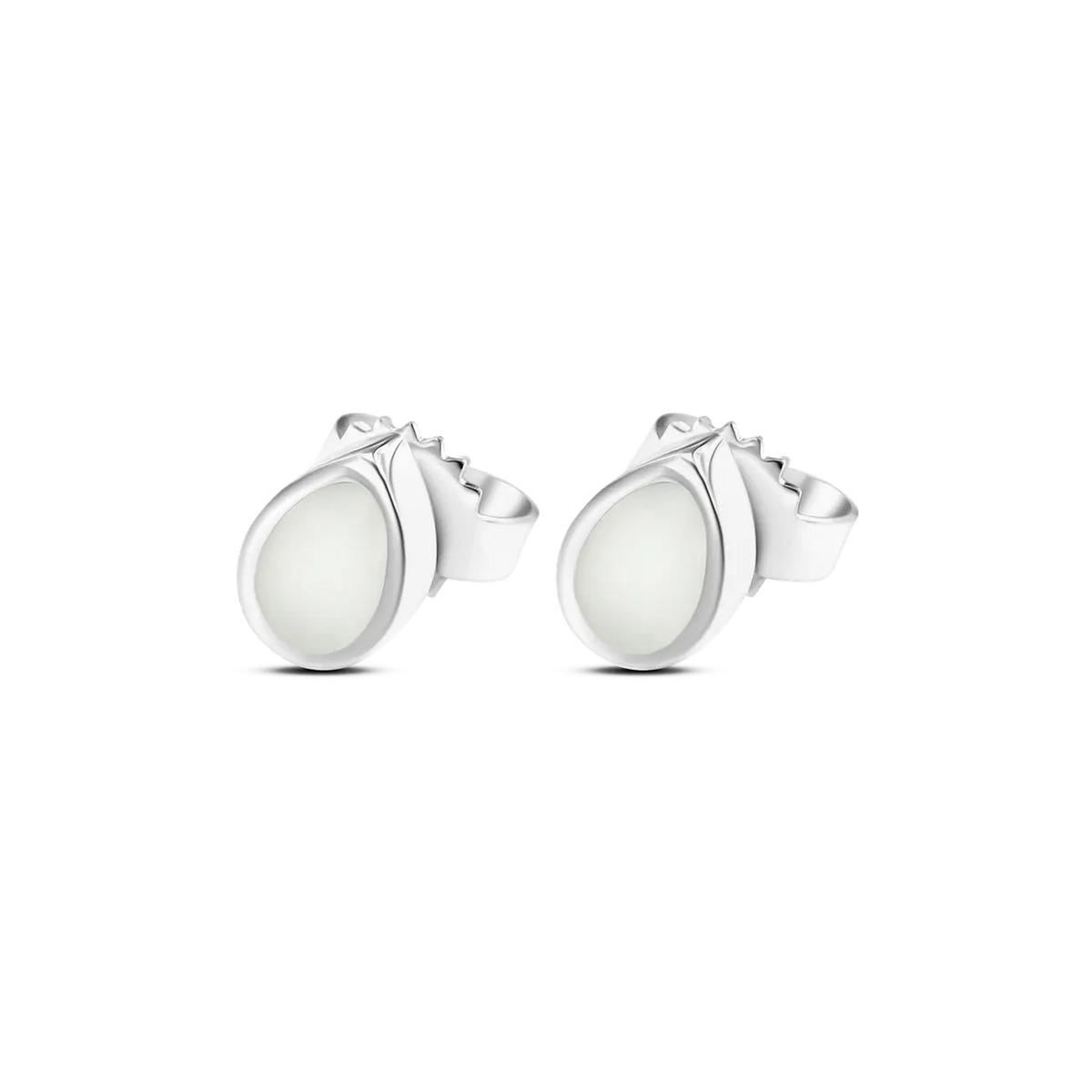 Drop white gold breast milk stud earrings, teardrop-shaped milk stones in a thin gold bezel