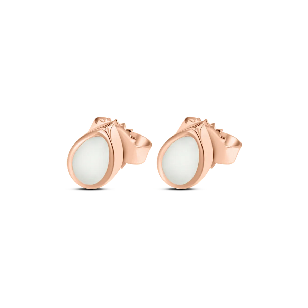 Drop rose gold breast milk stud earrings, teardrop-shaped milk stones in a thin gold bezel