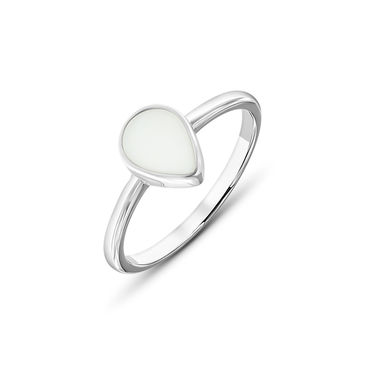 Silver Droplet breast milk ring with a teardrop-shaped milk stone in a smooth bezel on a slim band