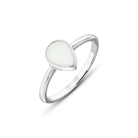 Silver Droplet breast milk ring with a teardrop-shaped milk stone in a smooth bezel on a slim band