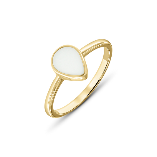 Yellow gold Droplet breast milk ring with a teardrop-shaped milk stone in a smooth bezel on a slim band