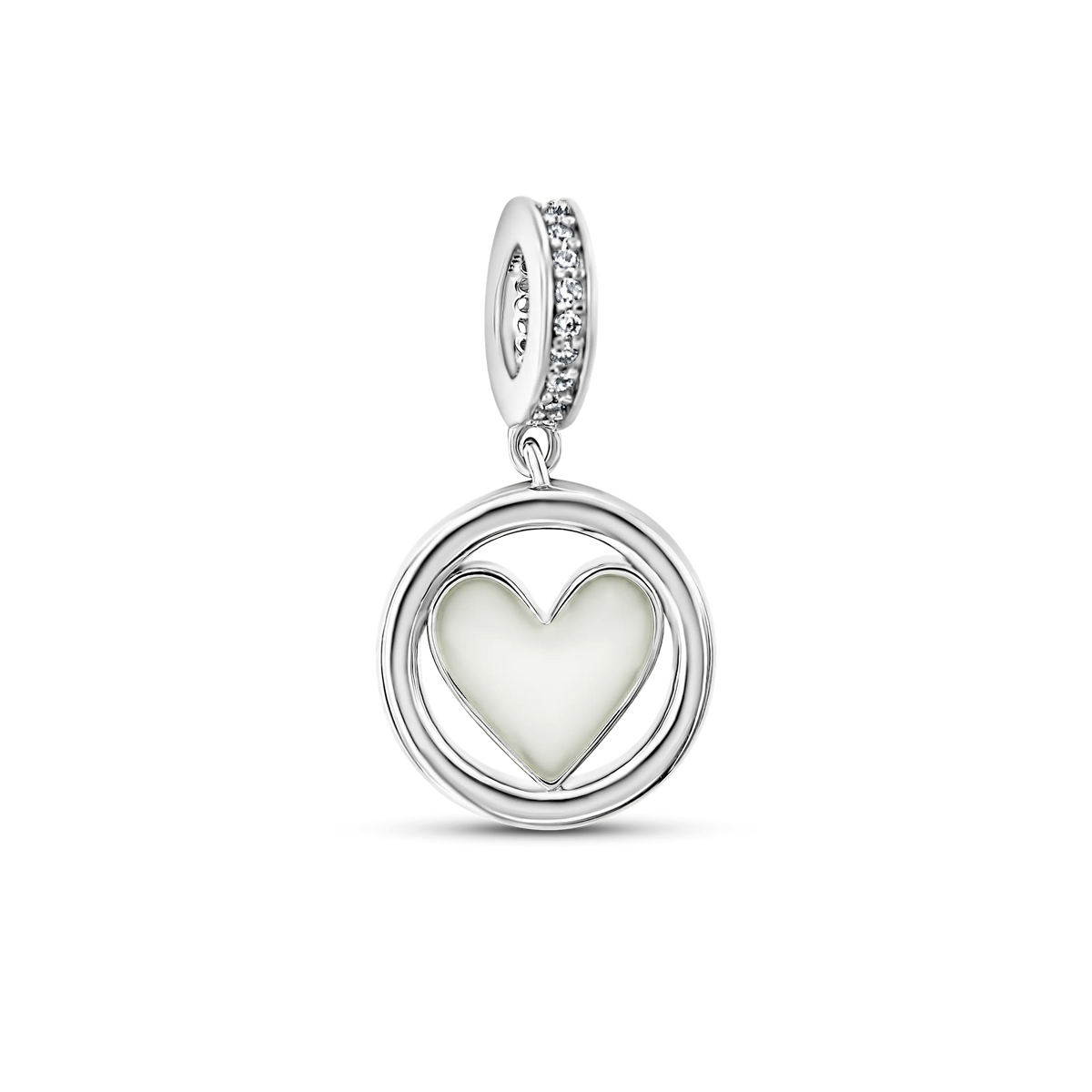 Eline silver breast milk charm with heart-shaped milk stone in a round ring and cubic zirconia bail