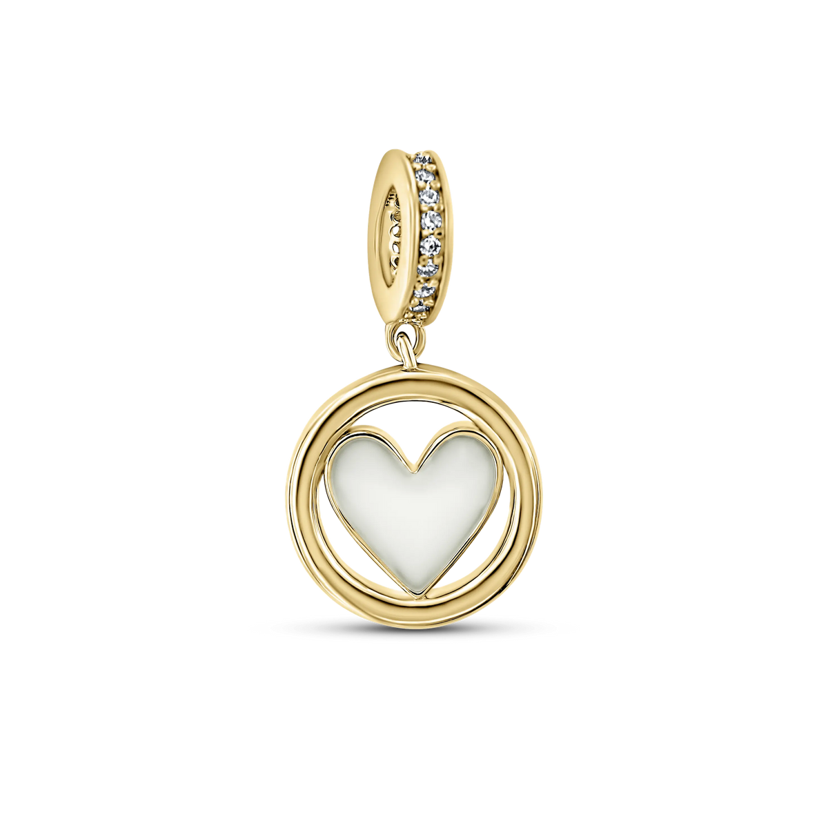 Eline yellow gold breast milk charm with heart-shaped milk stone in a round ring and stone-set bail