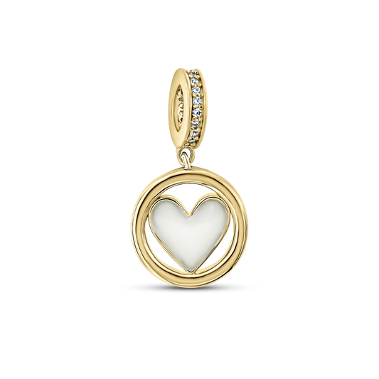 Eline yellow gold breast milk charm with heart-shaped milk stone in a round ring and stone-set bail