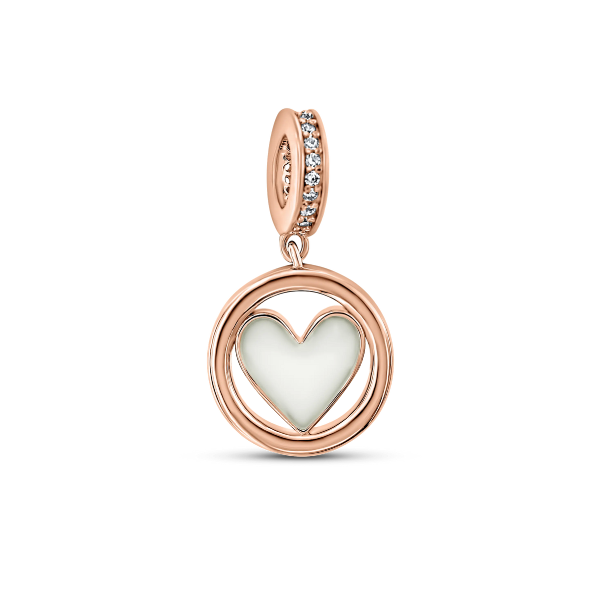 Eline rose gold breast milk charm with heart-shaped milk stone in a round ring and stone-set bail