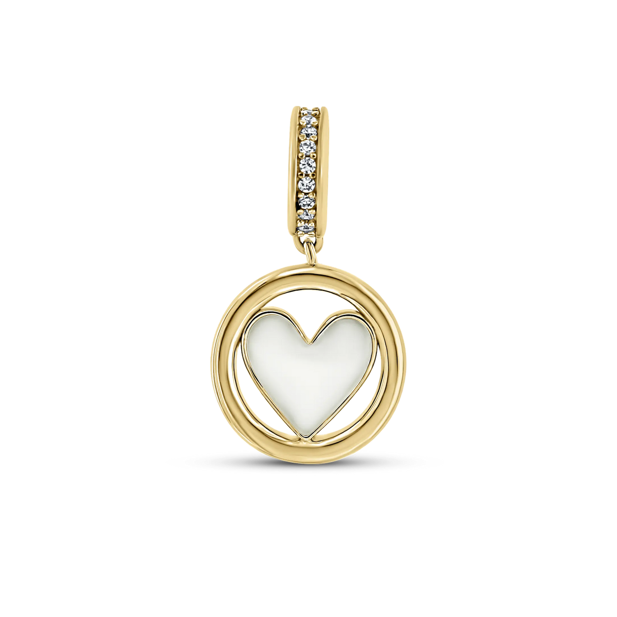 Front view of the Eline yellow gold breast milk charm, heart milk stone inside a ring, stone-set bail