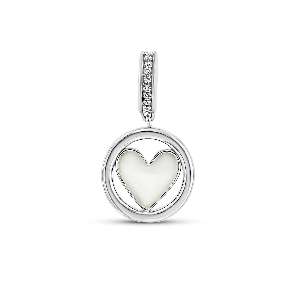Front view of the Eline white gold breast milk charm, heart milk stone inside a ring, stone-set bail