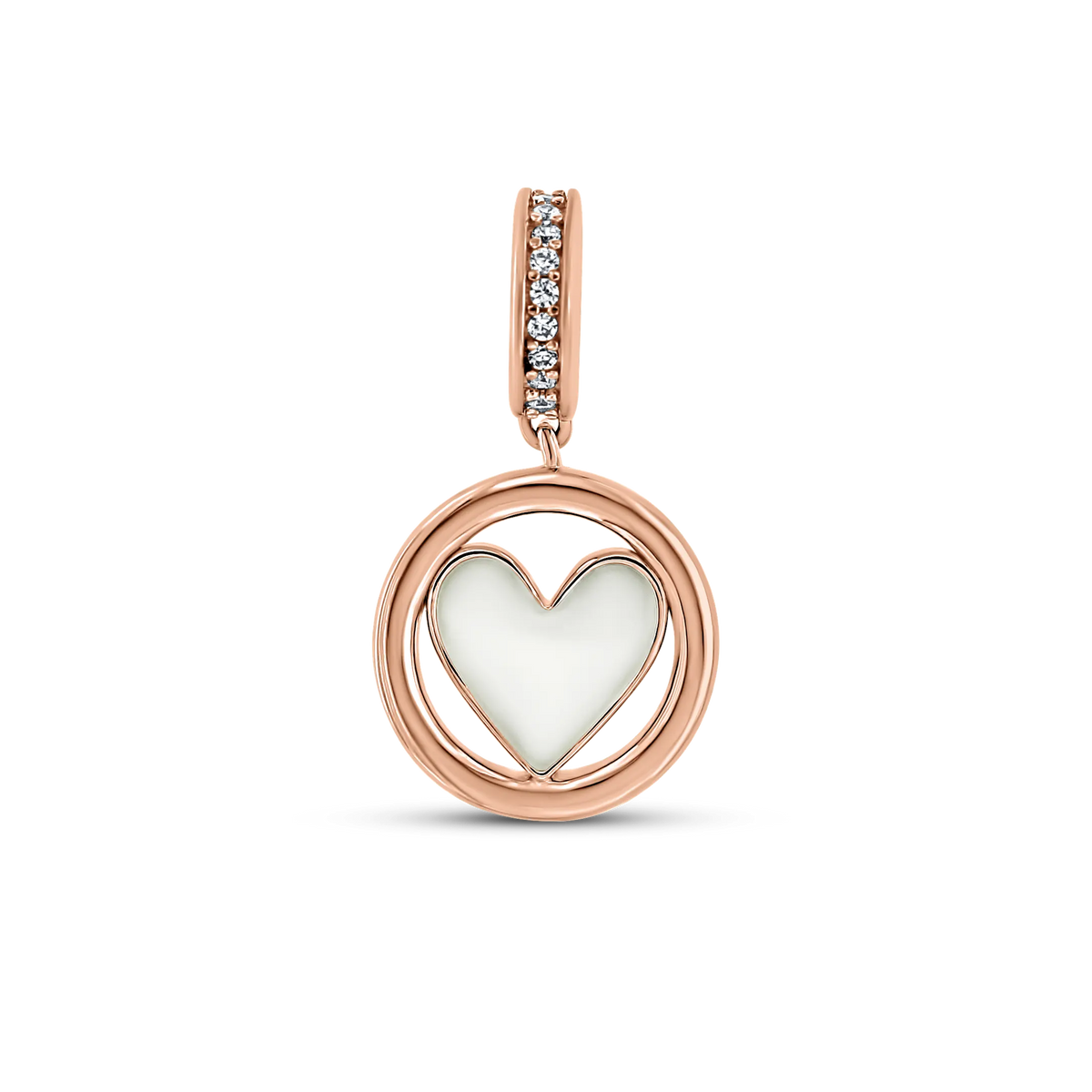 Front view of the Eline rose gold breast milk charm, heart milk stone inside a ring, stone-set bail