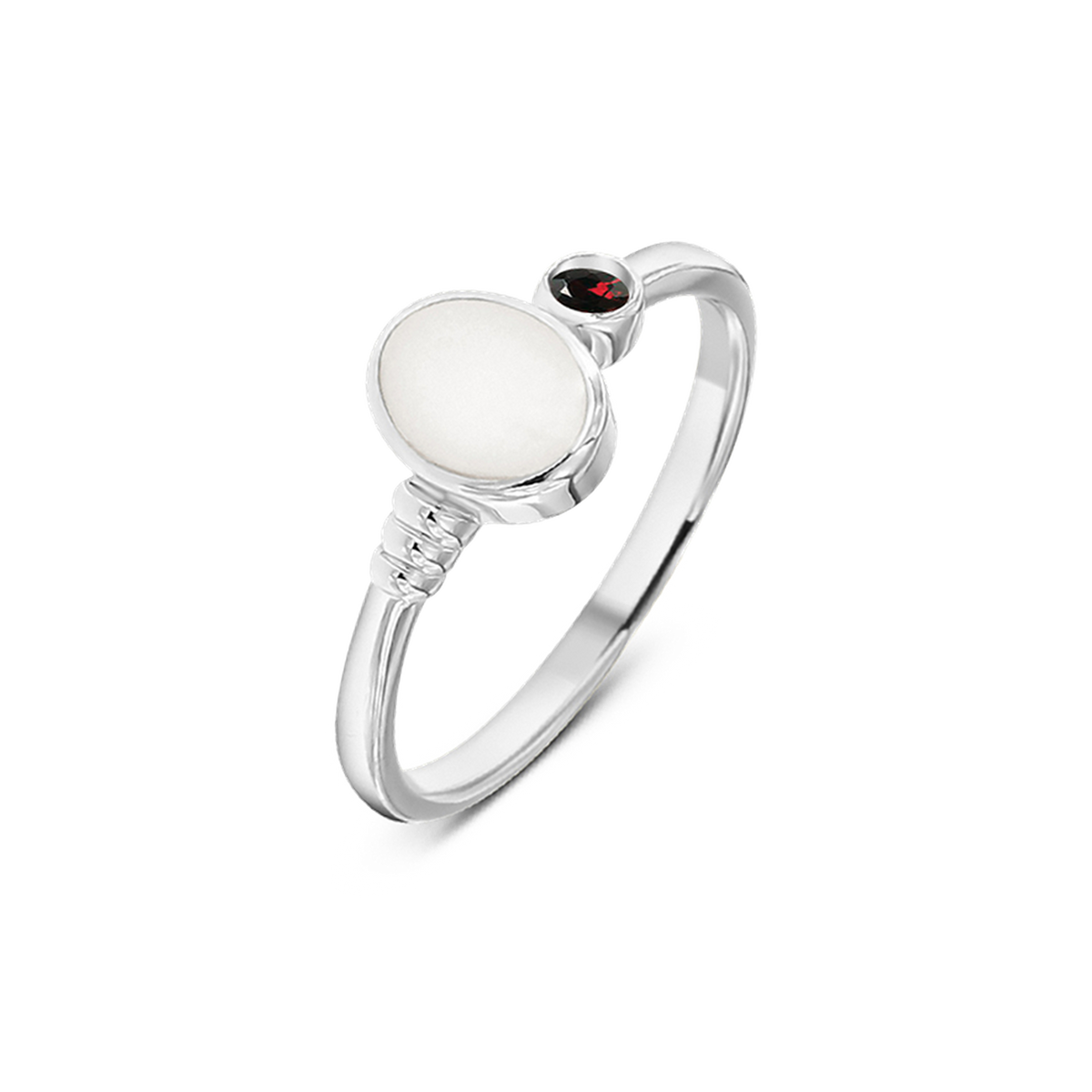 Silver Elisa breast milk ring with an oval milk stone, ribbed band detail and a January garnet birthstone