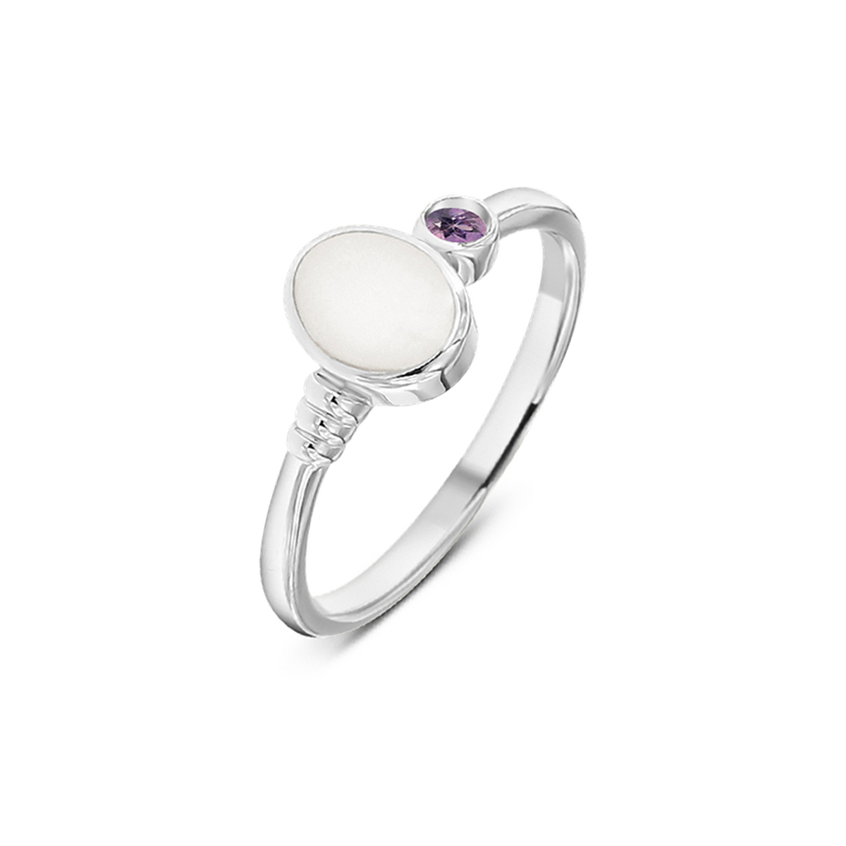 Silver Elisa breast milk ring with an oval milk stone, ribbed band detail and a February amethyst birthstone