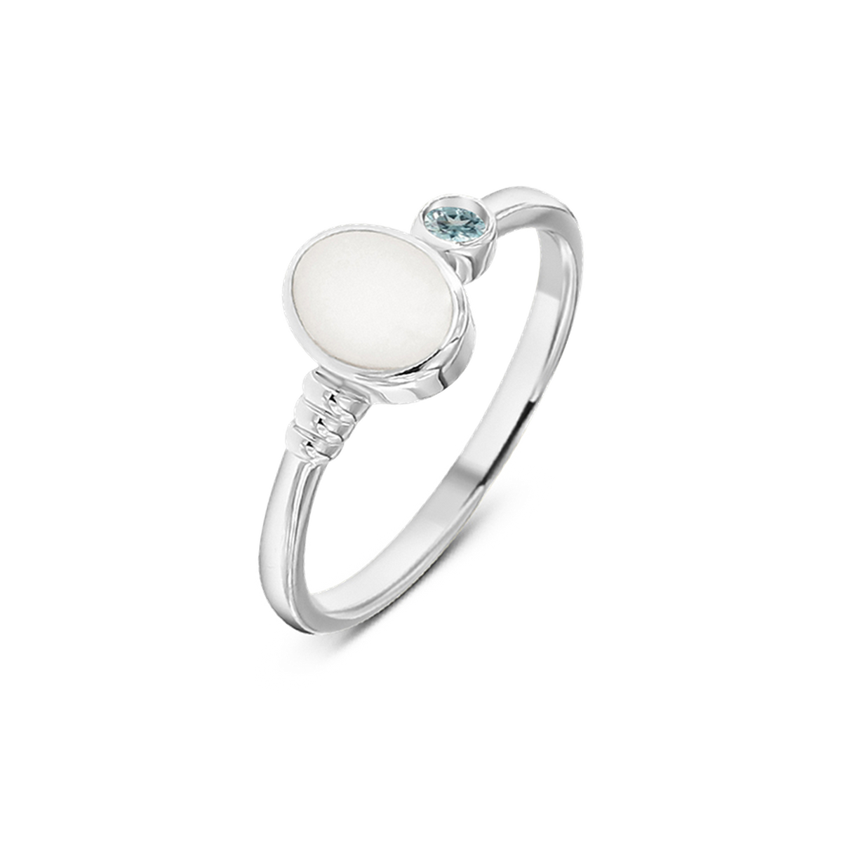 Silver Elisa breast milk ring with an oval milk stone, ribbed band detail and a March aquamarine birthstone