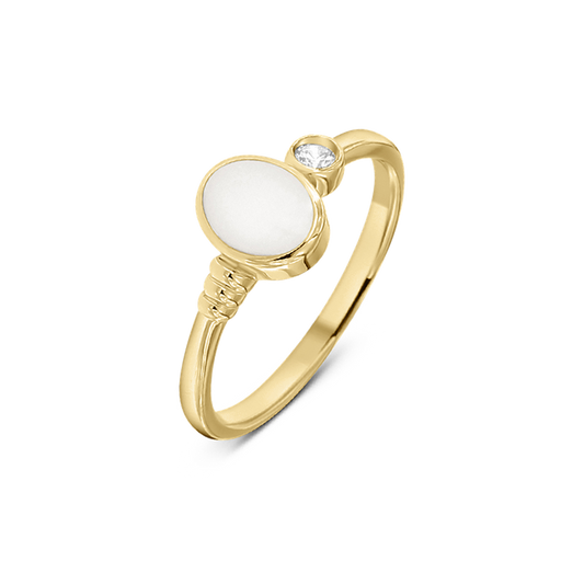 Yellow gold Elisa breast milk ring with an oval milk stone, ribbed band detail and a clear cubic zirconia