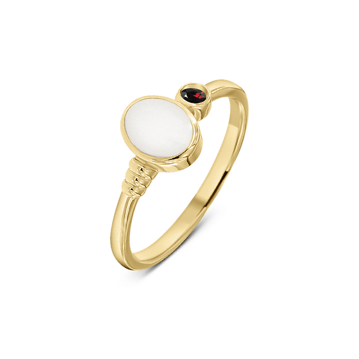 Yellow gold Elisa breast milk ring with an oval milk stone, ribbed band detail and a January garnet birthstone