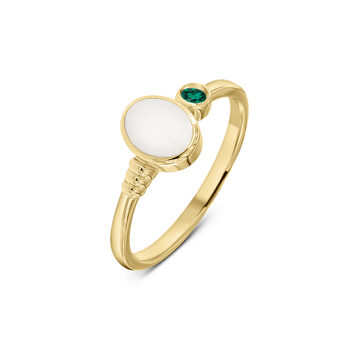 Yellow gold Elisa breast milk ring with an oval milk stone, ribbed band detail and a May emerald birthstone
