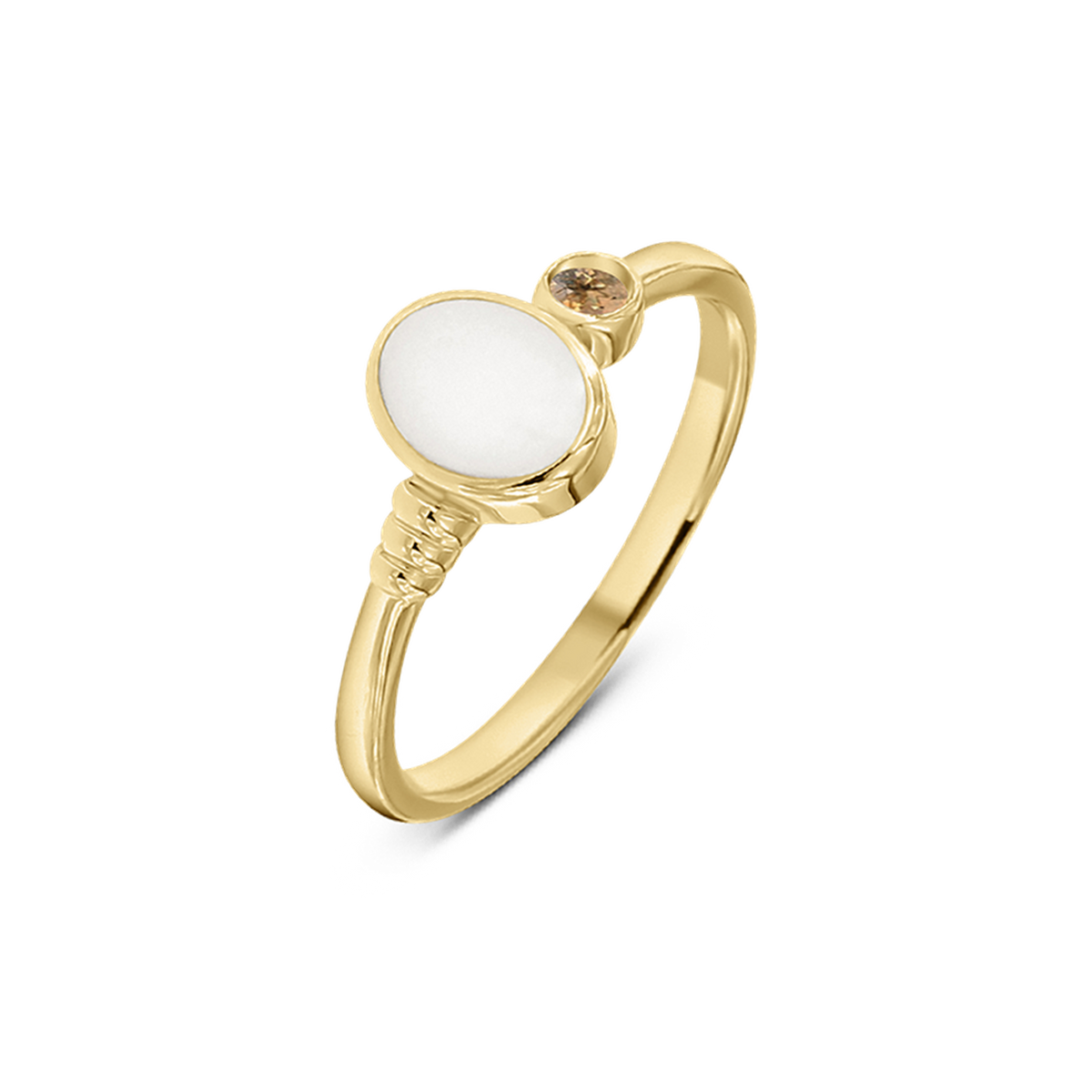 Yellow gold Elisa breast milk ring with an oval milk stone, ribbed band detail and a November citrine birthstone
