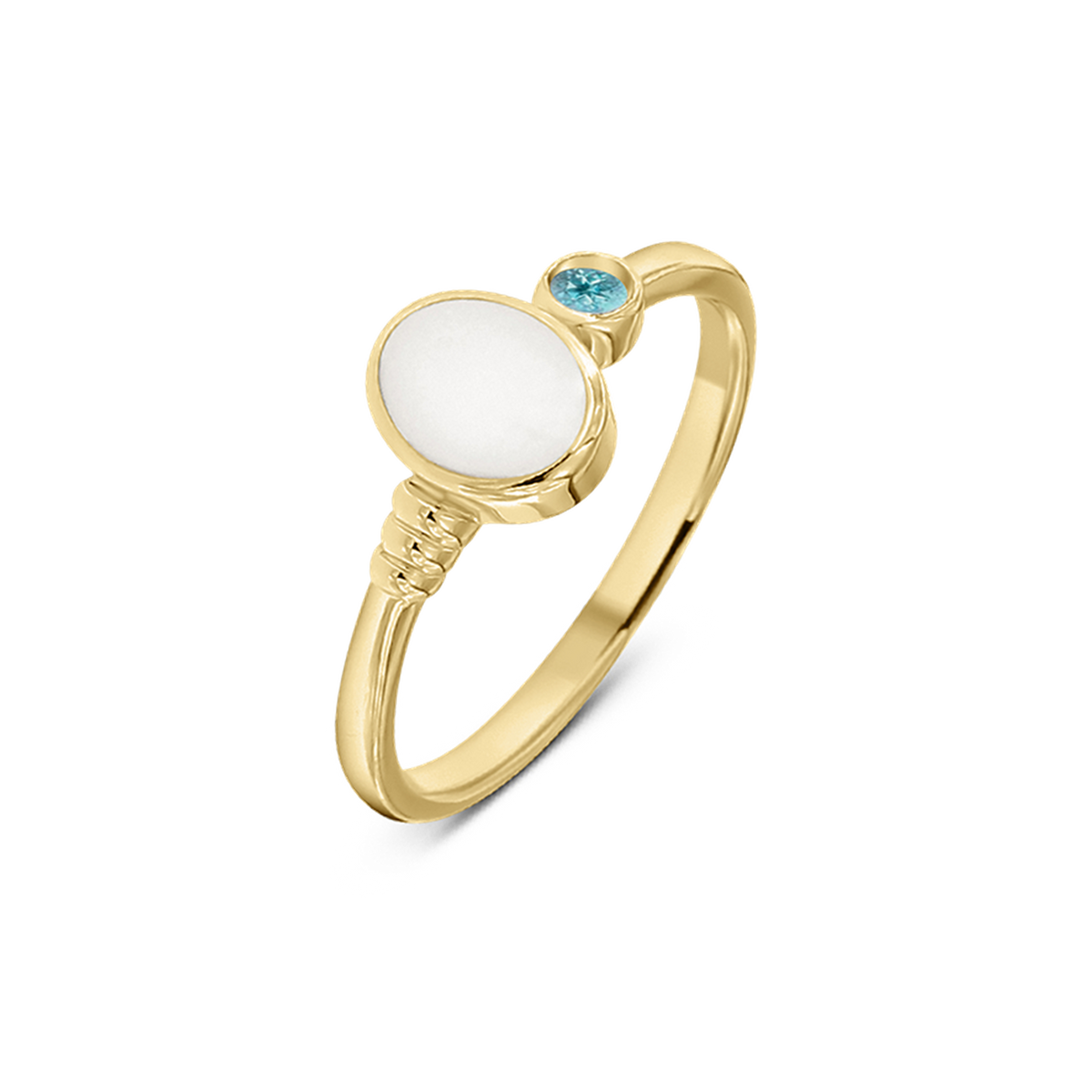 Yellow gold Elisa breast milk ring with an oval milk stone, ribbed band detail and a December blue topaz birthstone