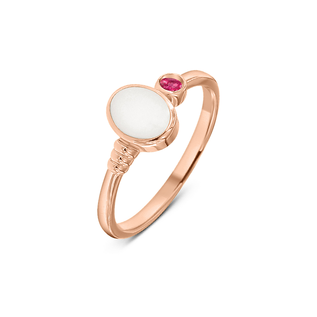 Rose gold Elisa breast milk ring with an oval milk stone, ribbed band detail and a July ruby birthstone