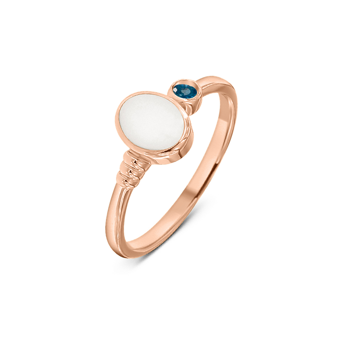 Rose gold Elisa breast milk ring with an oval milk stone, ribbed band detail and a September sapphire birthstone