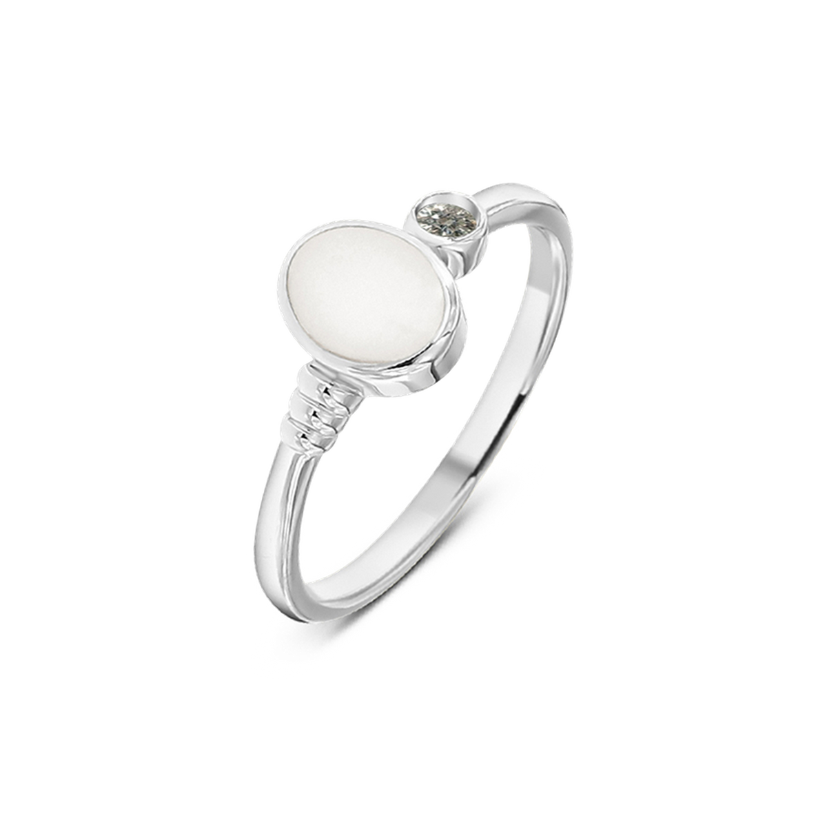 White gold Elisa breast milk ring with an oval milk stone, ribbed band detail and a April lab-grown diamond birthstone