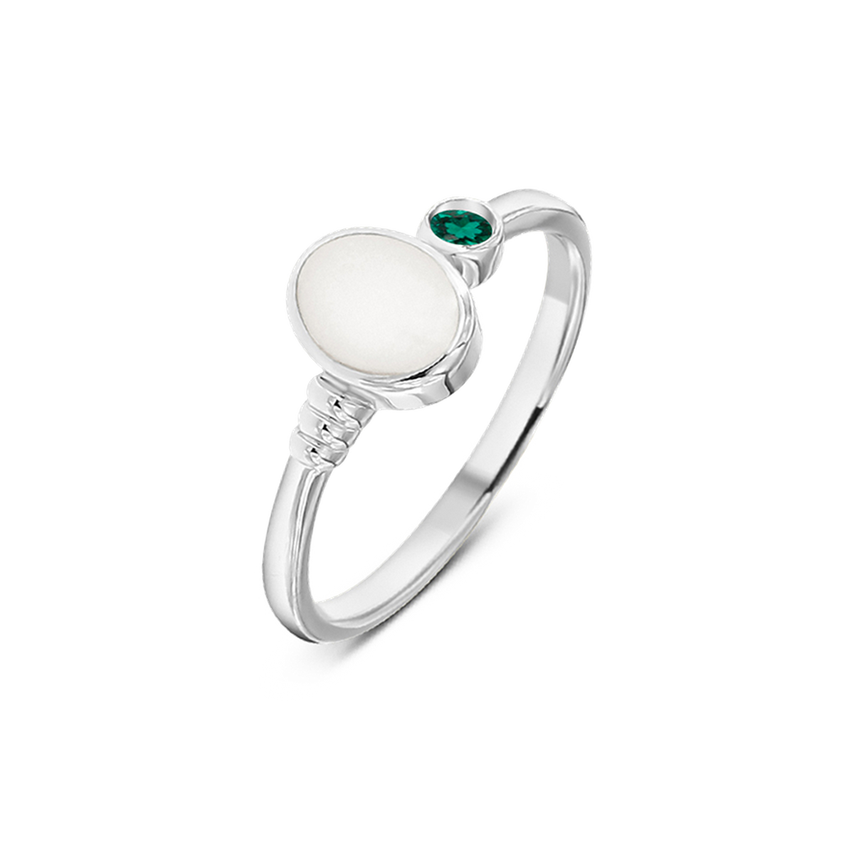 White gold Elisa breast milk ring with an oval milk stone, ribbed band detail and a May emerald birthstone