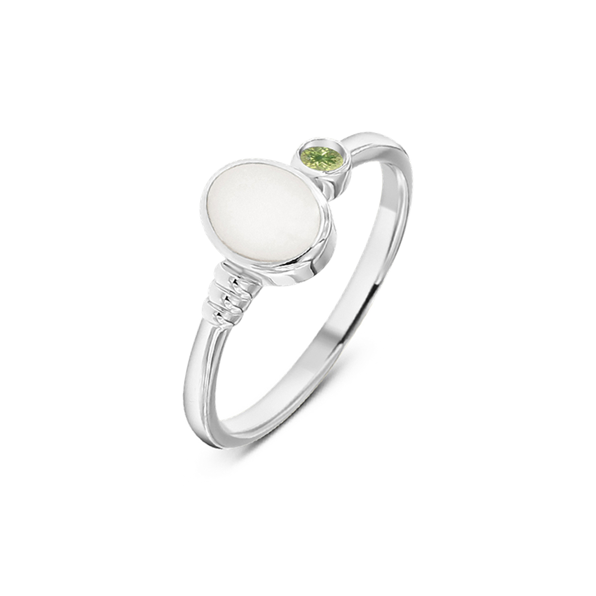 White gold Elisa breast milk ring with an oval milk stone, ribbed band detail and a August peridot birthstone