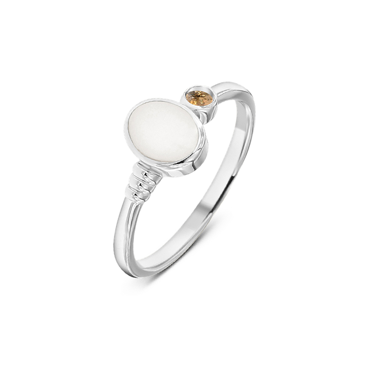 White gold Elisa breast milk ring with an oval milk stone, ribbed band detail and a November citrine birthstone