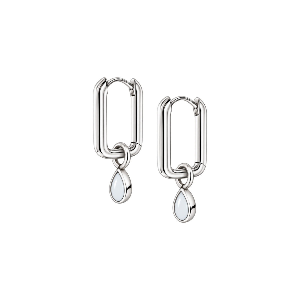 Emma silver rectangular hoop earrings with rounded corners and a dangling teardrop breast milk stone