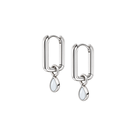 Emma silver rectangular hoop earrings with rounded corners and a dangling teardrop breast milk stone