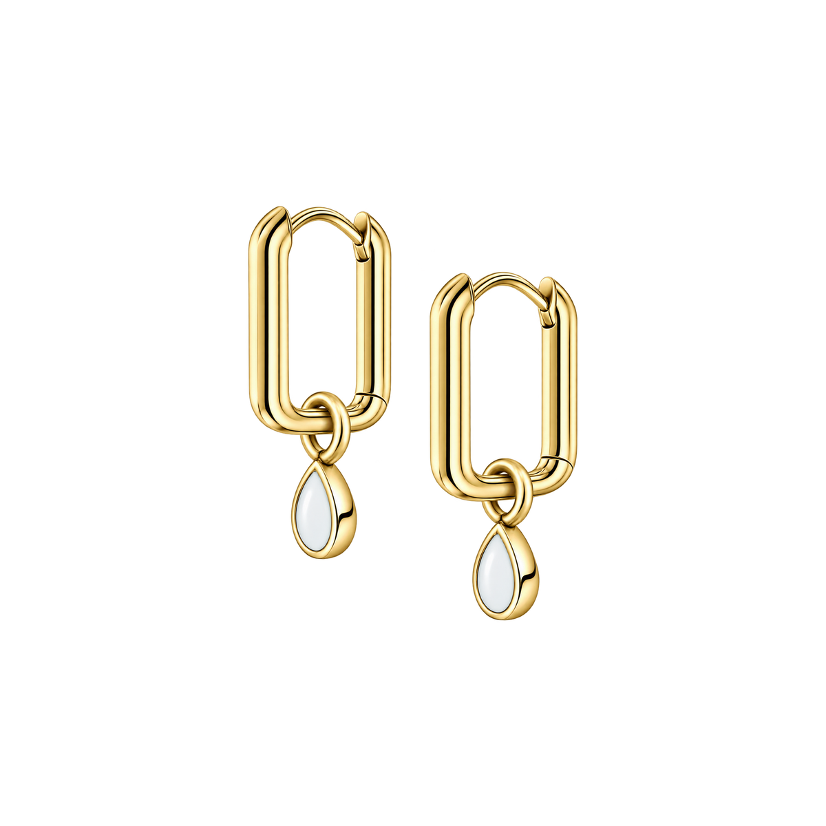 Emma yellow gold rectangular hoop earrings, each with a small dangling teardrop breast milk stone