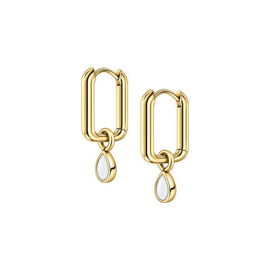 Emma yellow gold rectangular hoop earrings, each with a small dangling teardrop breast milk stone