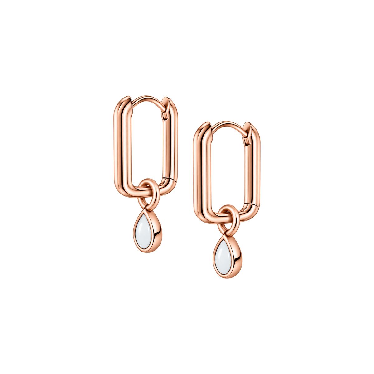 Emma rose gold rectangular hoop earrings, each with a small dangling teardrop breast milk stone