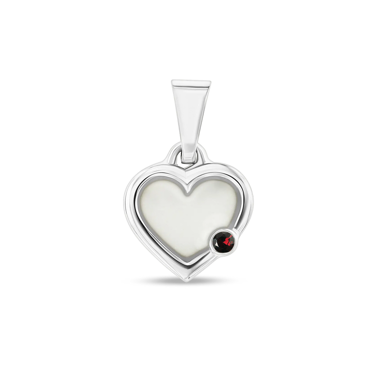 Esmée breast milk heart pendant with double rim in silver with a garnet January birthstone