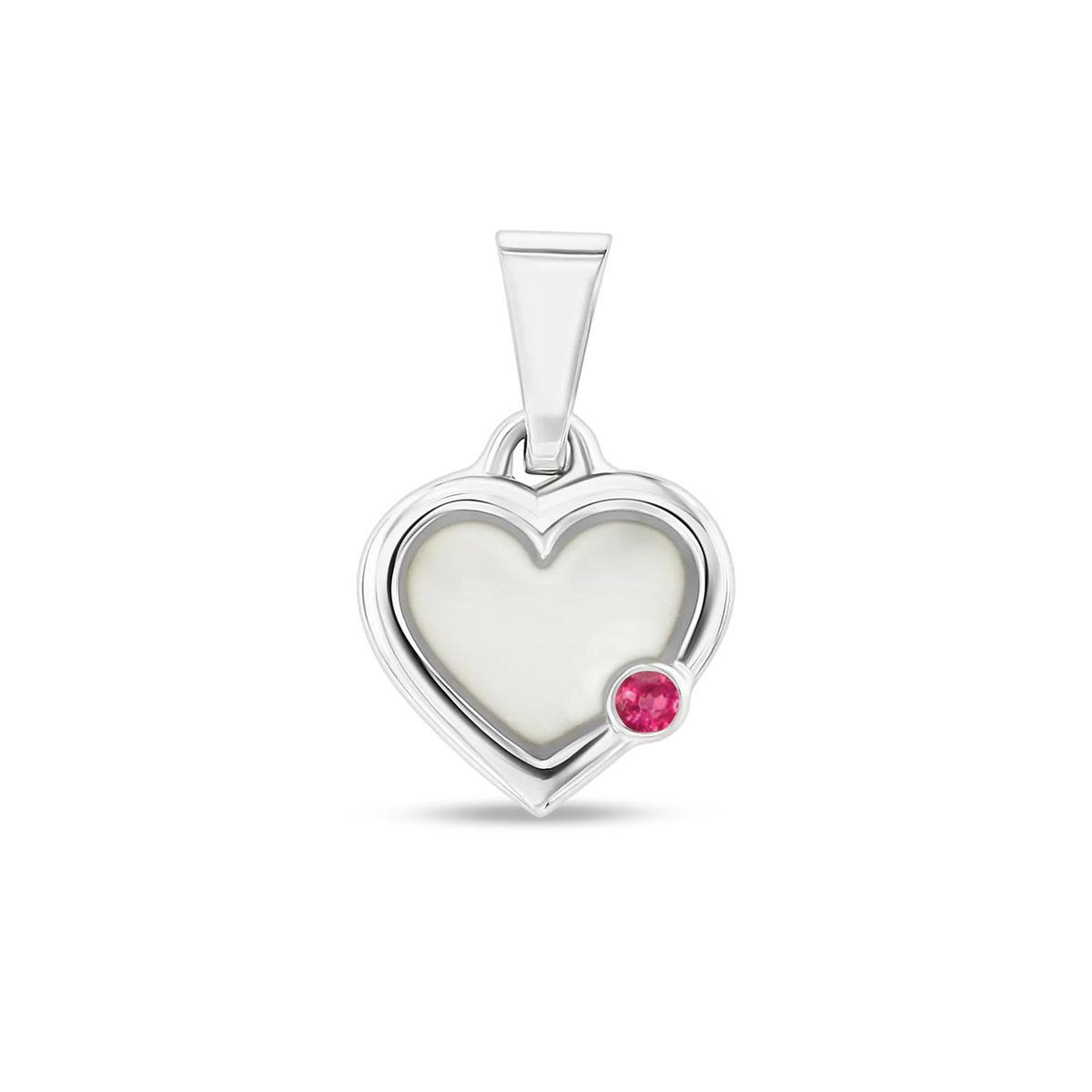 Esmée breast milk heart pendant with double rim in silver with a ruby July birthstone