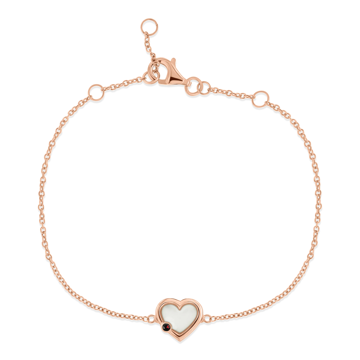 Esmée rose gold breast milk bracelet with heart-shaped milk stone and January garnet birthstone on a fine chain