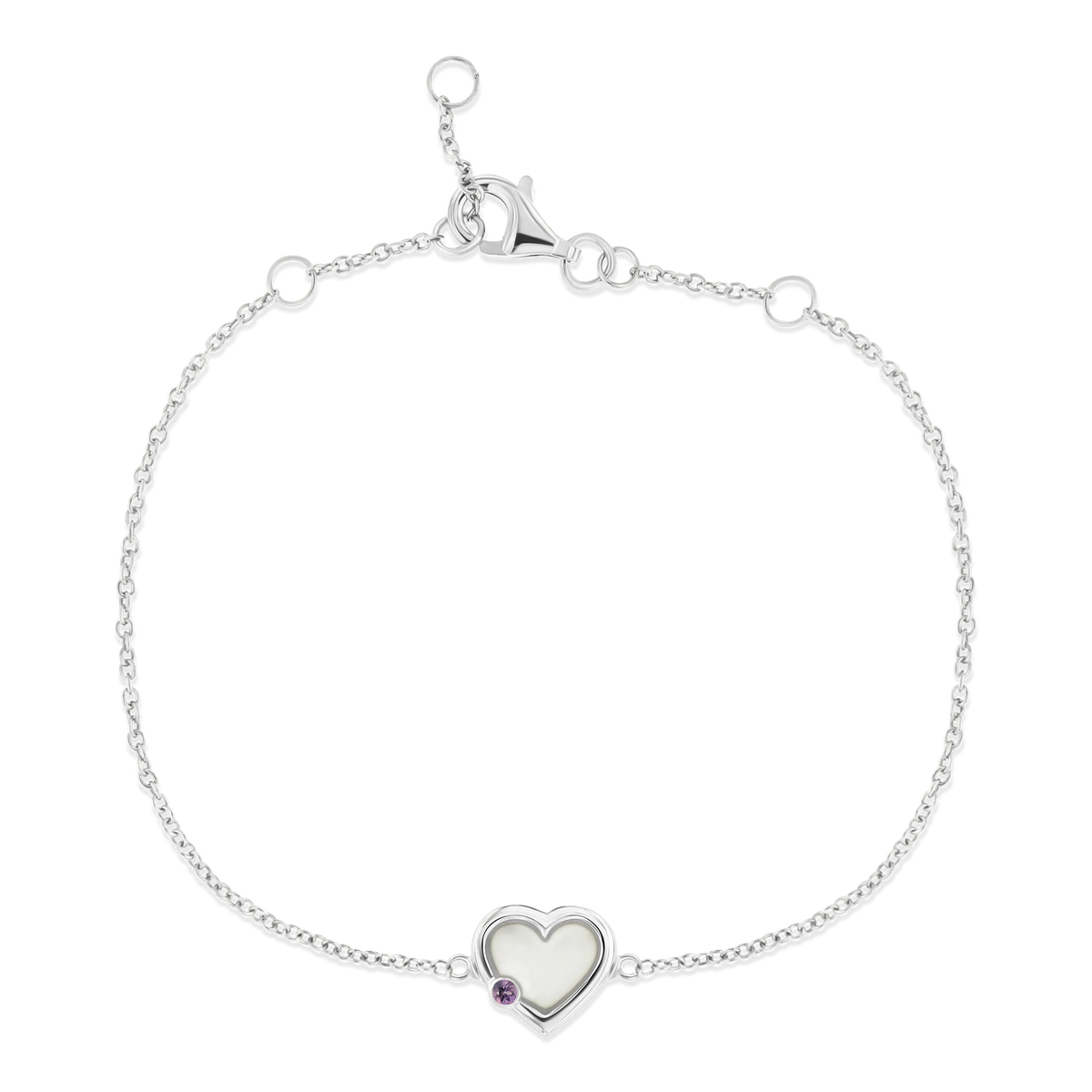 Esmée white gold breast milk bracelet with heart-shaped milk stone and June amethyst birthstone on a fine chain