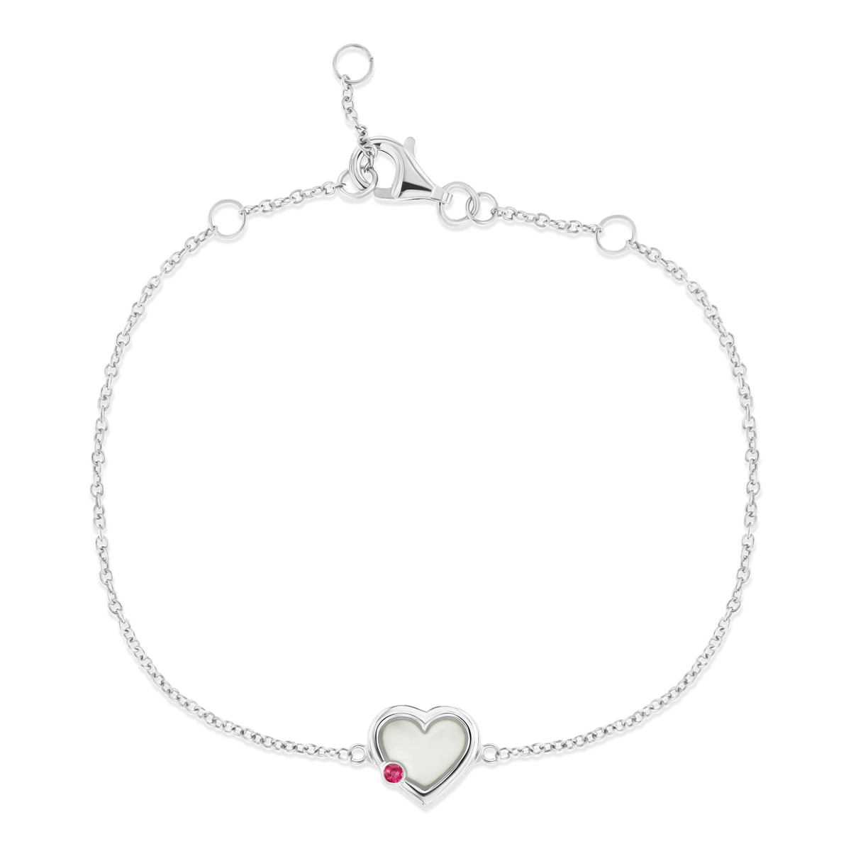 Esmée white gold breast milk bracelet with heart-shaped milk stone and July ruby birthstone on a fine chain