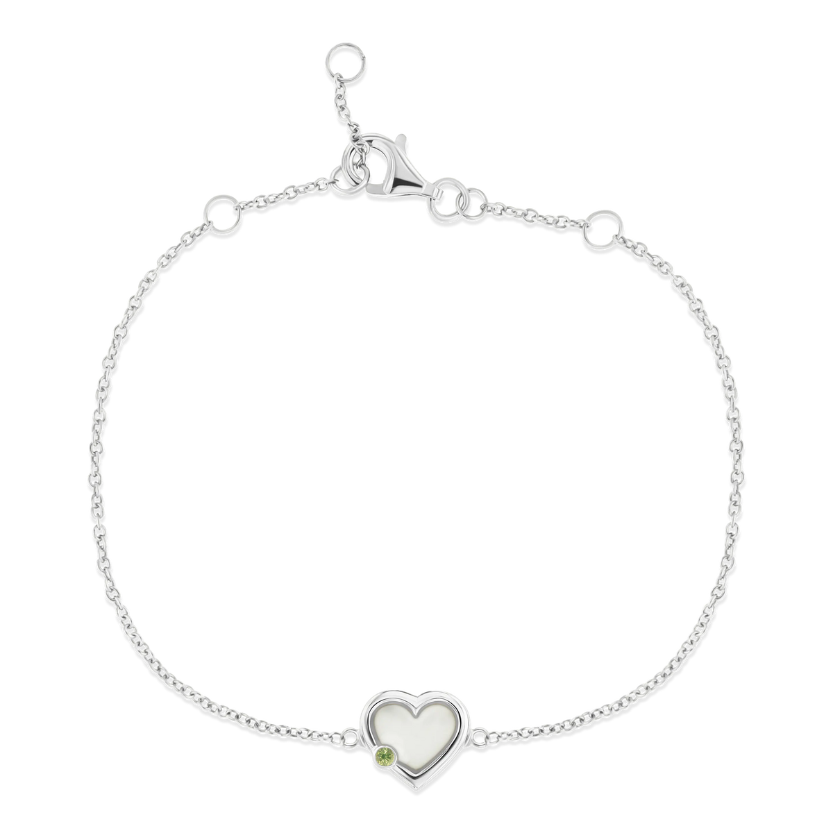 Esmée white gold breast milk bracelet with heart-shaped milk stone and August peridot birthstone on a fine chain