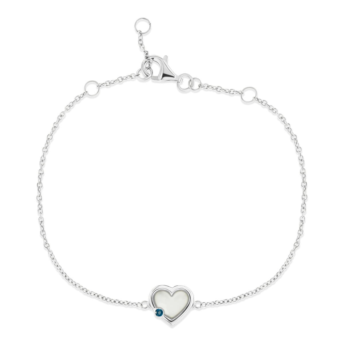 Esmée white gold breast milk bracelet with heart-shaped milk stone and September sapphire birthstone on a fine chain