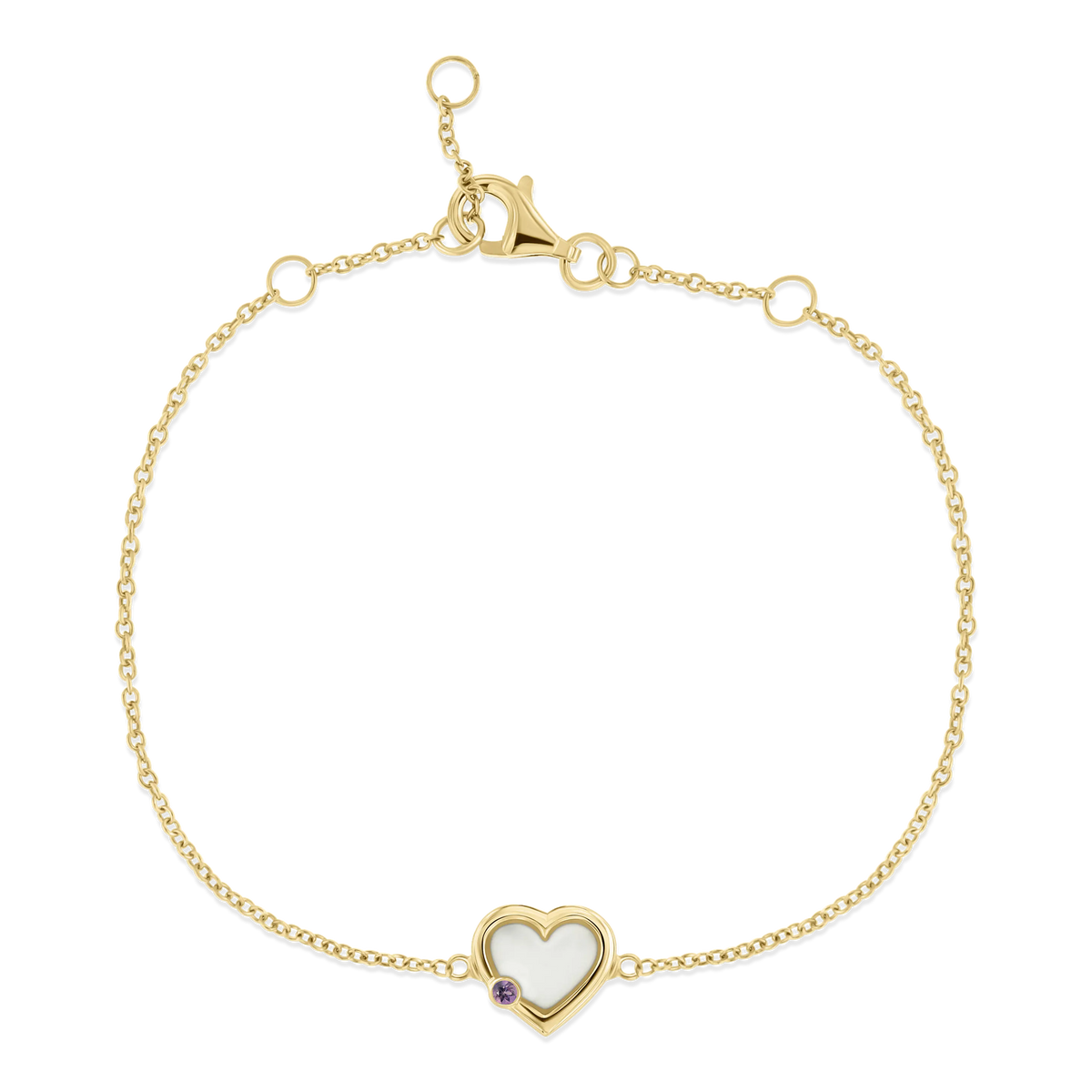 Esmée yellow gold breast milk bracelet with heart-shaped milk stone and June amethyst birthstone on a fine chain