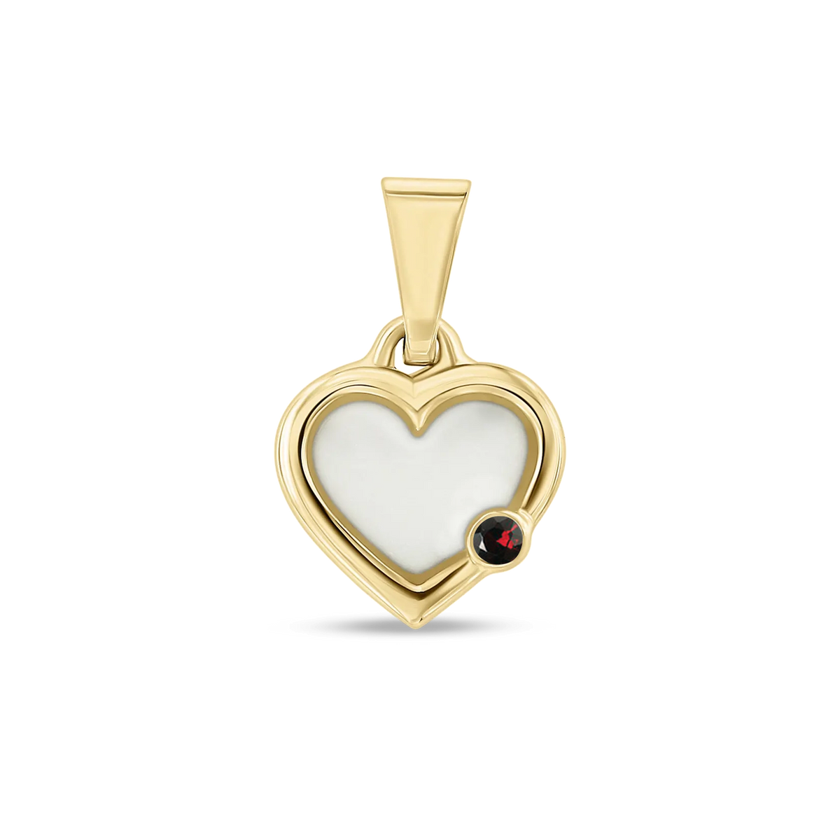 Esmée breast milk heart pendant with double rim in yellow gold with a garnet January birthstone