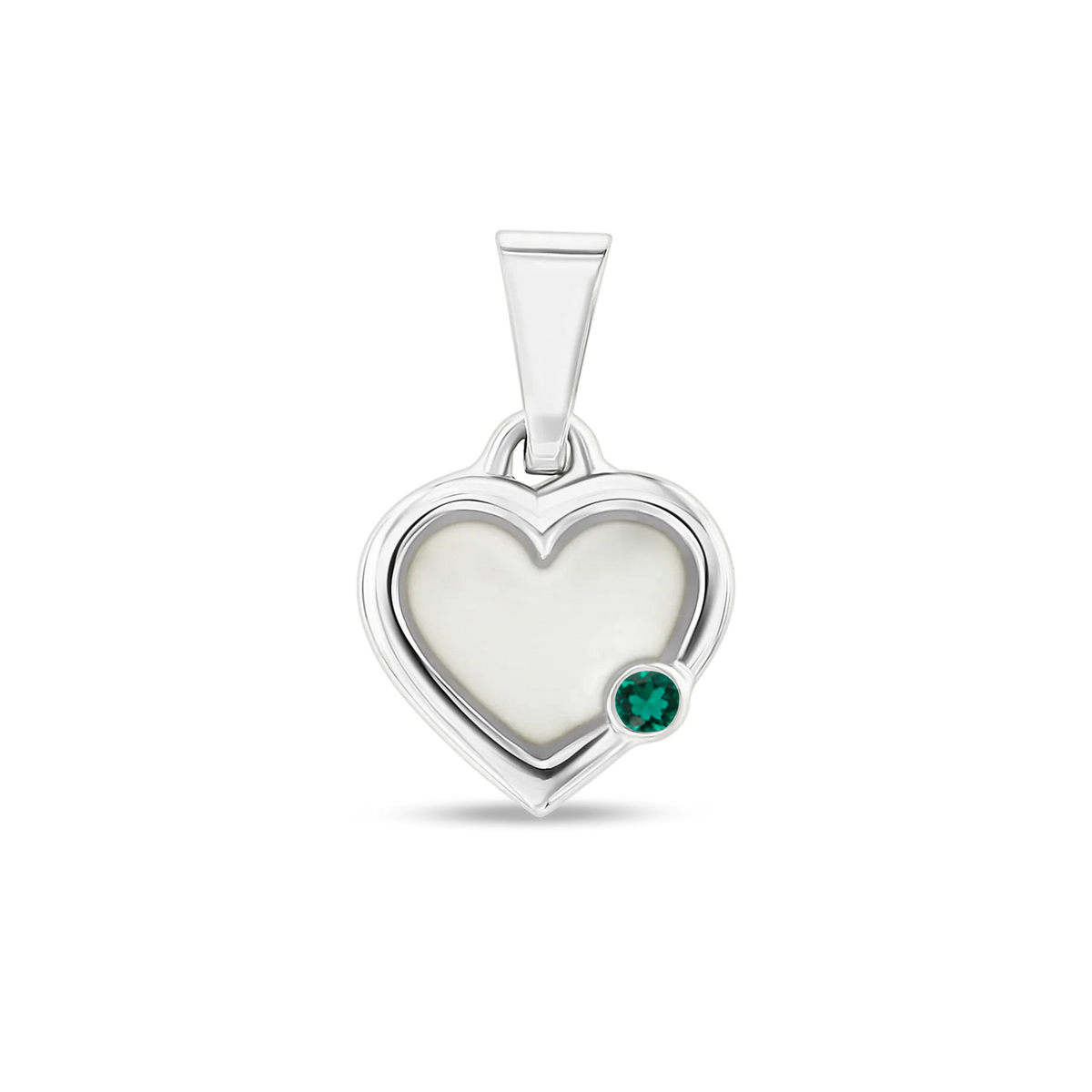 Esmée breast milk heart pendant with double rim in white gold with a emerald May birthstone