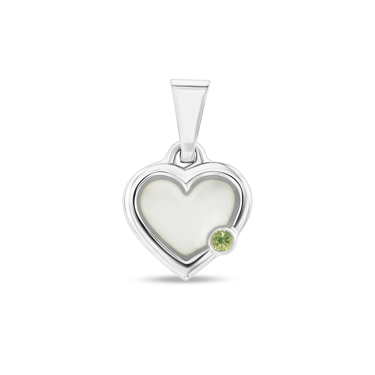 Esmée breast milk heart pendant with double rim in white gold with a peridot August birthstone