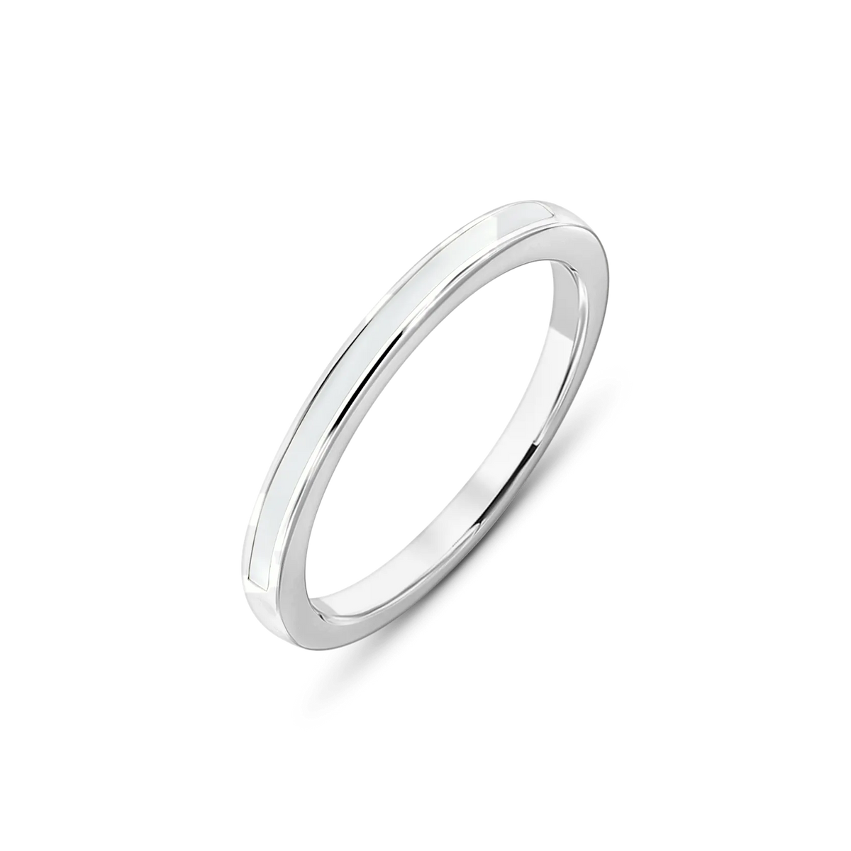 Silver Eva breast milk ring, a slim flat band with a white milk inlay channel along the top