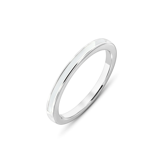 Silver Eva breast milk ring, a slim flat band with a white milk inlay channel along the top