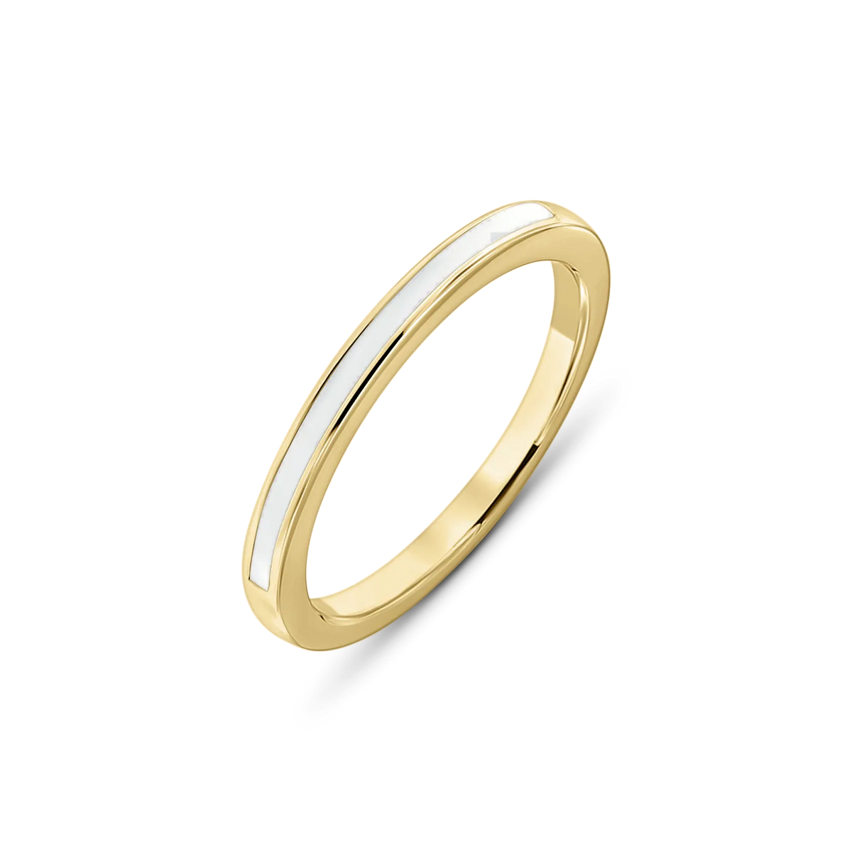 Yellow gold Eva breast milk ring, a slim flat band with a white milk inlay channel along the top