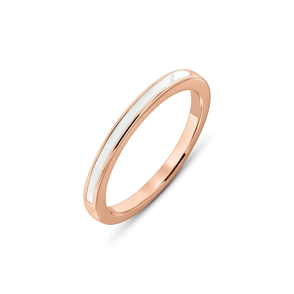Rose gold Eva breast milk ring, a slim flat band with a white milk inlay channel along the top