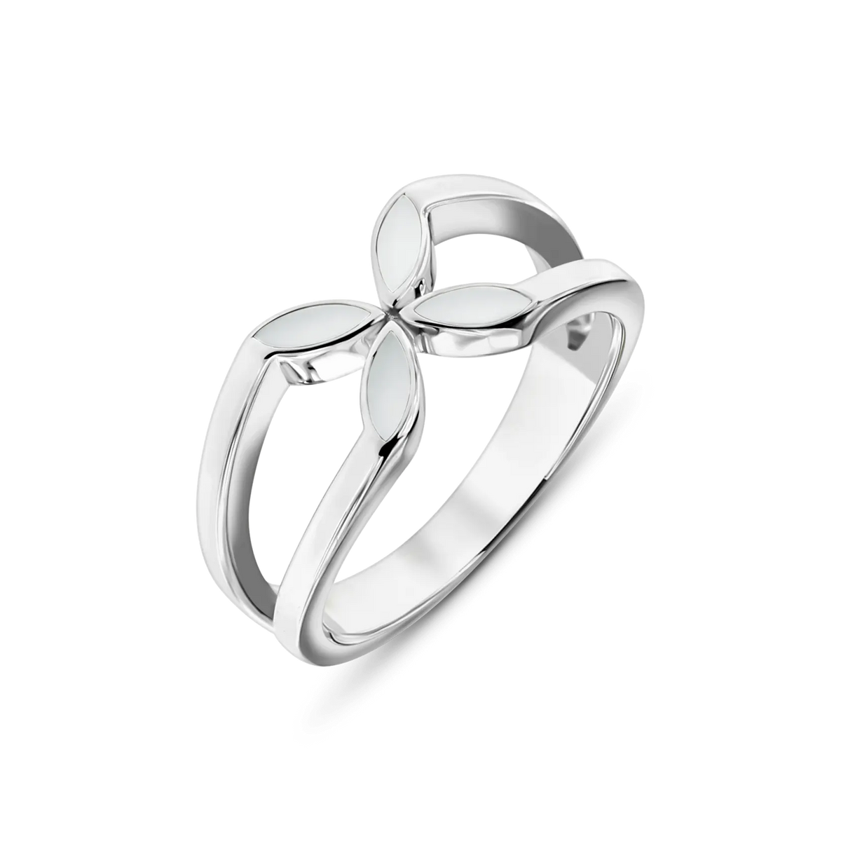 Silver Fleur breast milk ring with a flower of four pointed milk-filled petals on a split band