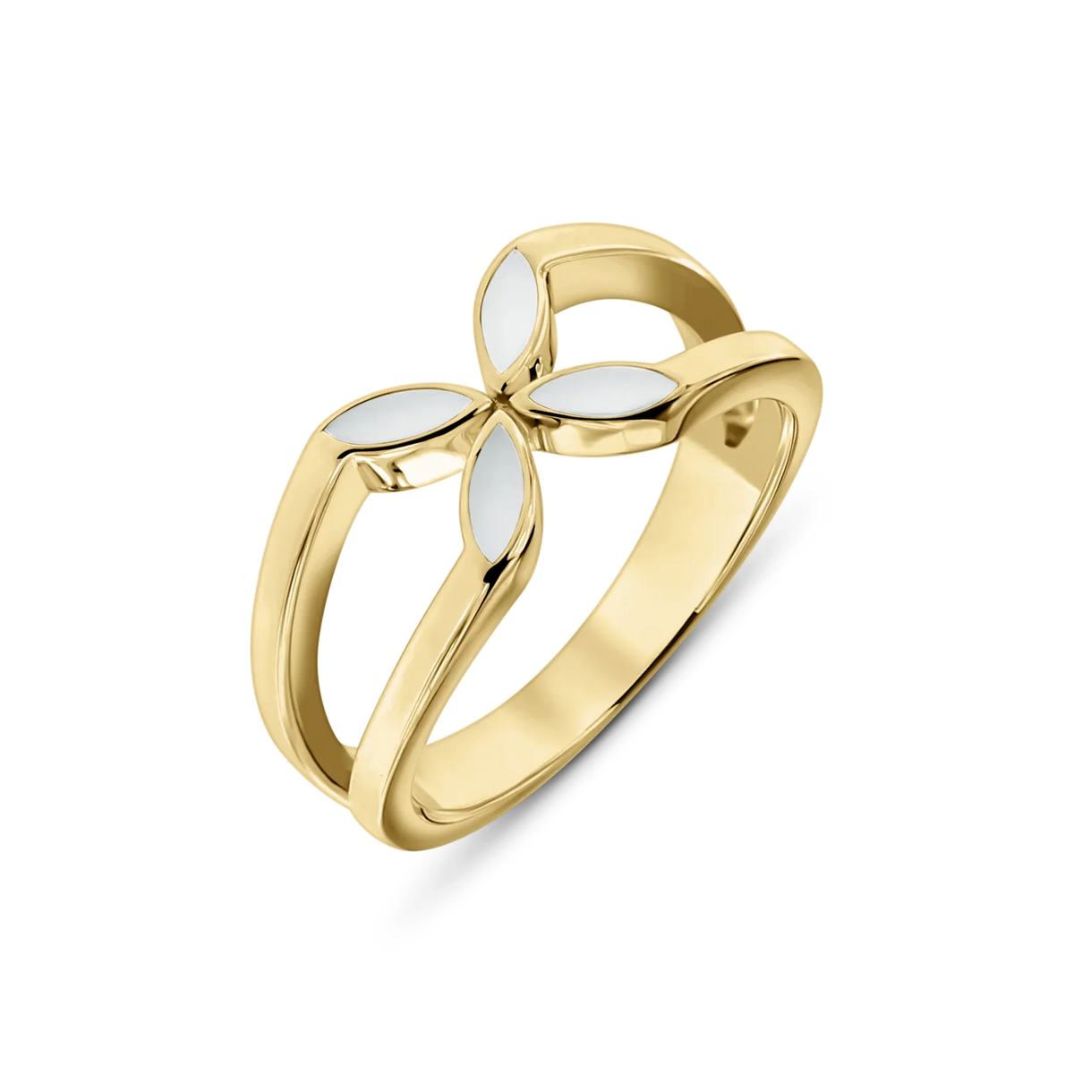 Yellow gold Fleur breast milk ring with a flower of four pointed milk-filled petals on a split band