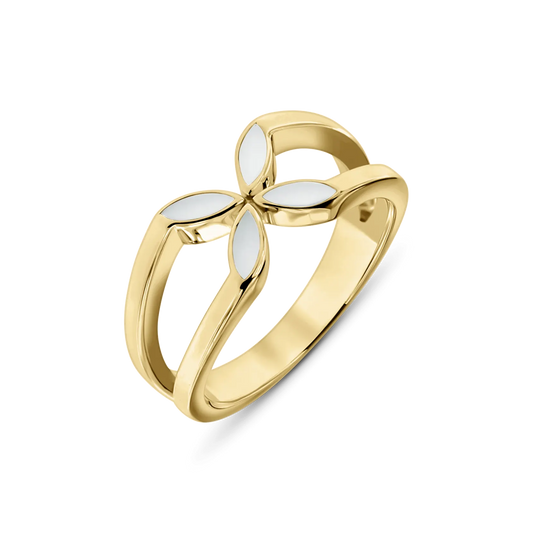 Yellow gold Fleur breast milk ring with a flower of four pointed milk-filled petals on a split band