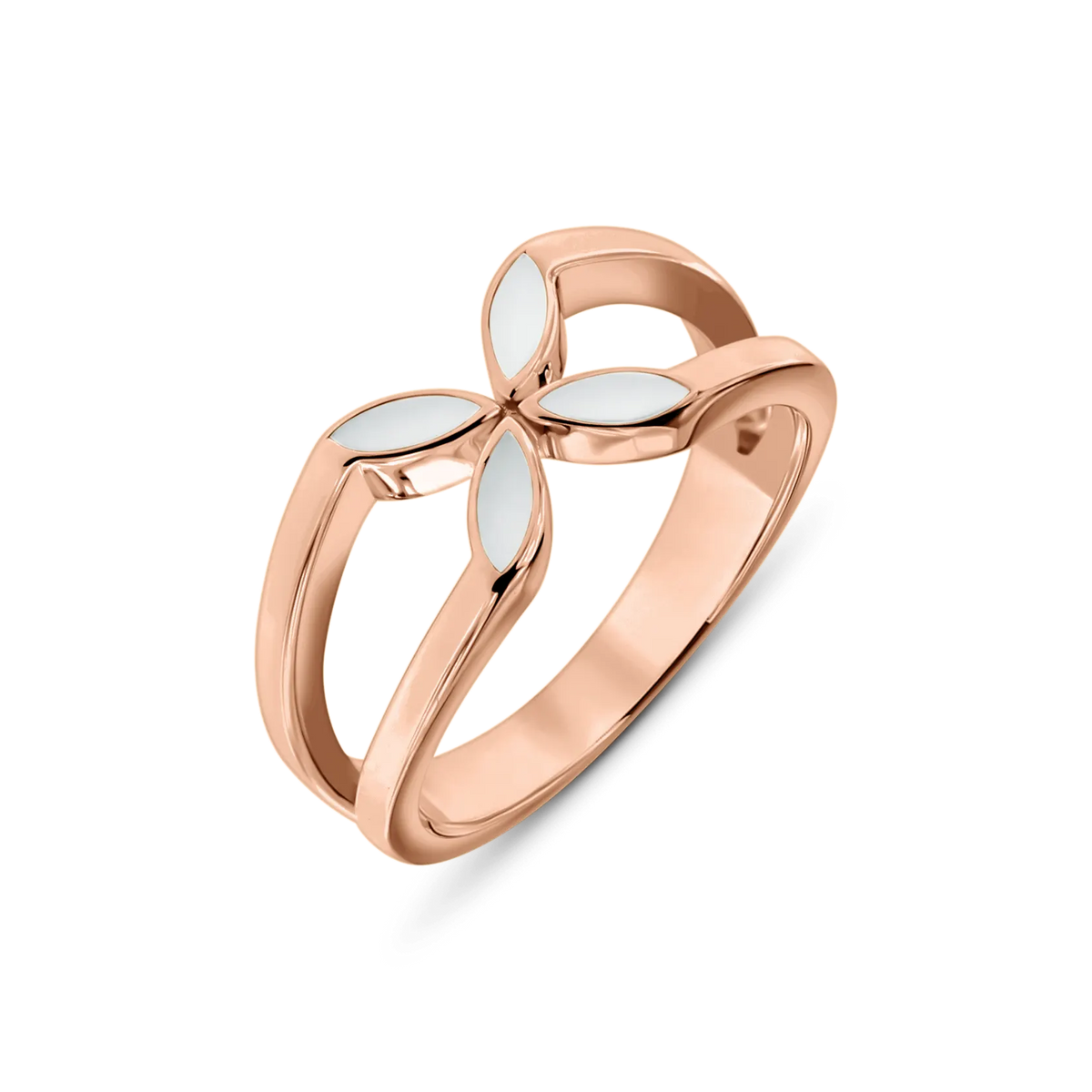 Rose gold Fleur breast milk ring with a flower of four pointed milk-filled petals on a split band